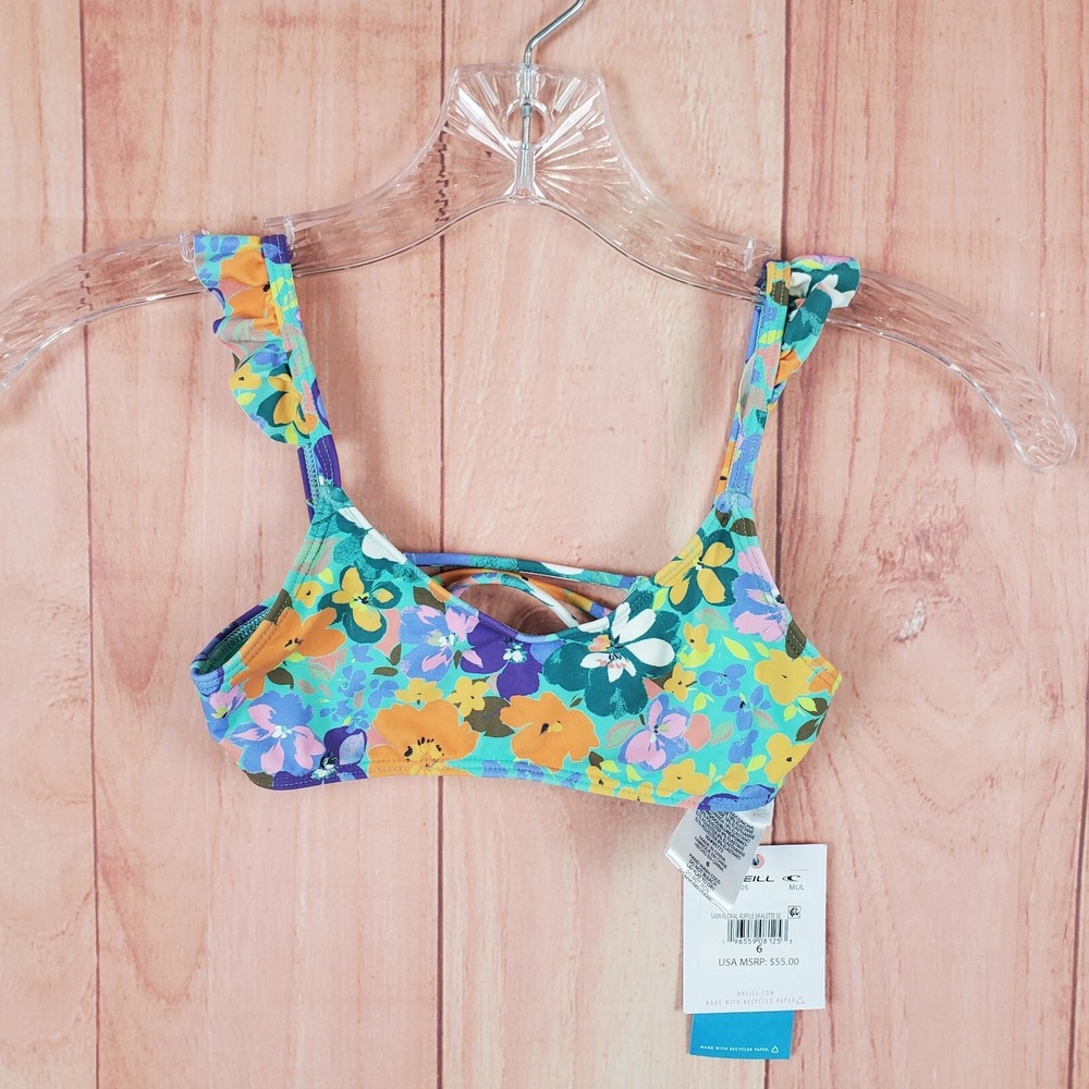 O'Neill Sami Kids Bralette Bra Sz 6 Multicolor Stretch Floral Ruffle Swimwear